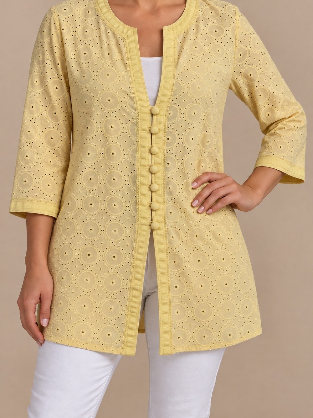 Chico's Cotton Geo Eyelet 3/4 Sleeve Blouse Eyelet Embroidered Tunic in Yellow